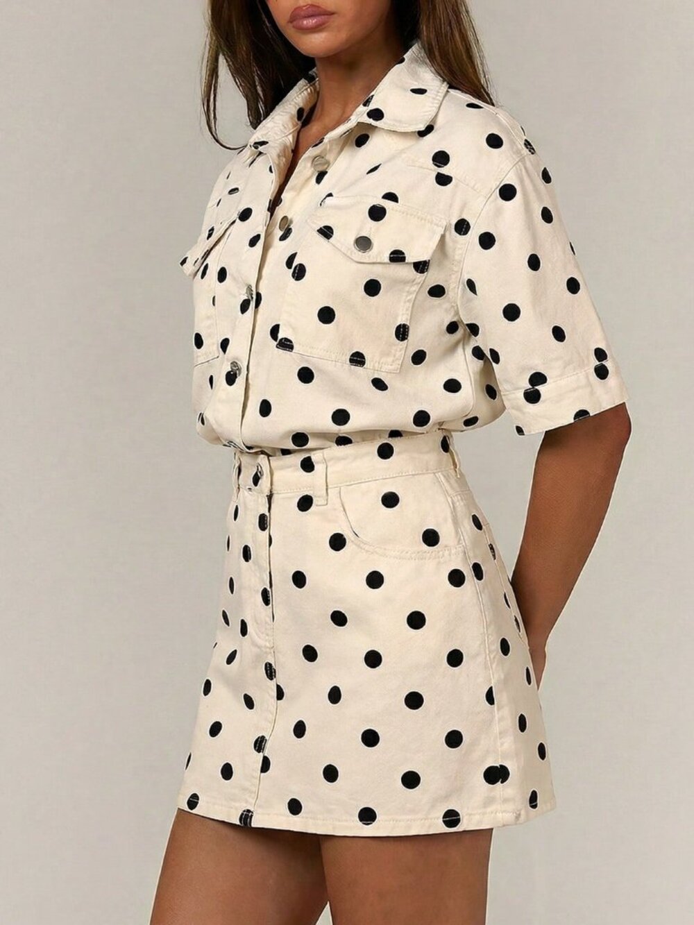 Casual Women's Denim Multifunctional Polka Dot Print Button Pocket Denim Dress - Picture 5 of 5
